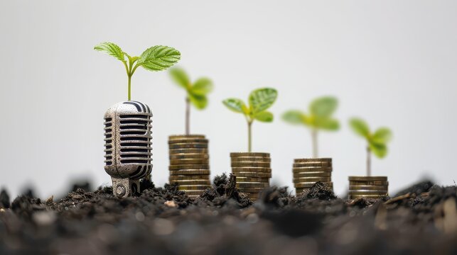 Financial Growth Represented by Plants Sprouting from Coins and Microphone