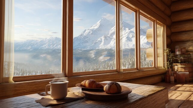 Cup of hot coffee and pastry on wooden table by window with mountain view. Cozy atmosphere in log cabin inside alpine house at winter. Morning breakfast with scenery of snow peak.