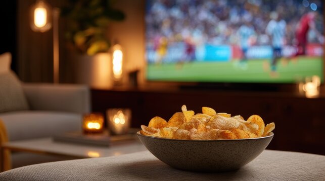 Bowl of potato chips on table in front of television broadcasting soccer match. Cozy evening atmosphere at home watching sports game. Relaxed lifestyle and entertainment snacks concept.