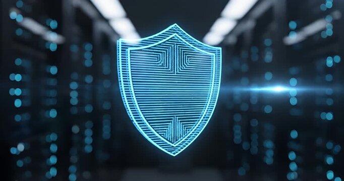 Digital security shield interface in data center, cybersecurity protection concept
