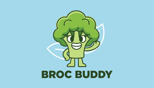 Cute broccoli character with a friendly face waving a hand, with the text broc buddy below in a clean flat vector style.
