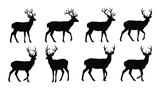 A collection of black deer silhouettes in various poses against a white background silhouette antler buck cervidae elk fawn forest