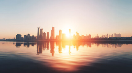 Obraz premium Modern city skyline with tall skyscrapers reflecting warm golden light over calm water at sunrise, urban growth concept