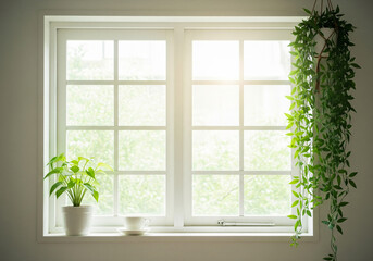 Fototapeta premium White coffee cup and saucer sit on bright sunny window sill with lush green trees outdoors creating a sense of peace.