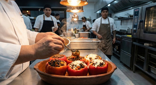 Professional Chef Preparing Traditional Peruvian Rocoto Relleno Stuffed Peppers