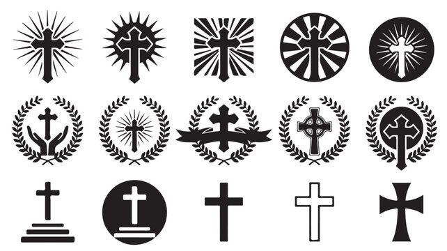 Christian cross icons set, religious crucifix symbols with laurel wreaths and sunbursts, 15 black vector silhouettes for church branding and memorial design