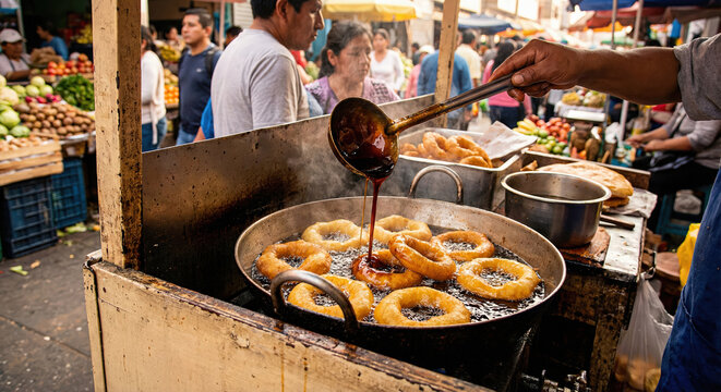 Street Vendor Frying Golden Picarones and Pouring Sweet Fig Syrup at Market Stall