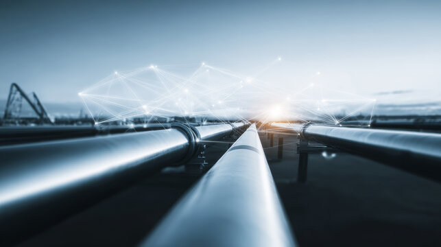 Pipelines forming industrial infrastructure connecting energy distribution network with glowing digital communication nodes