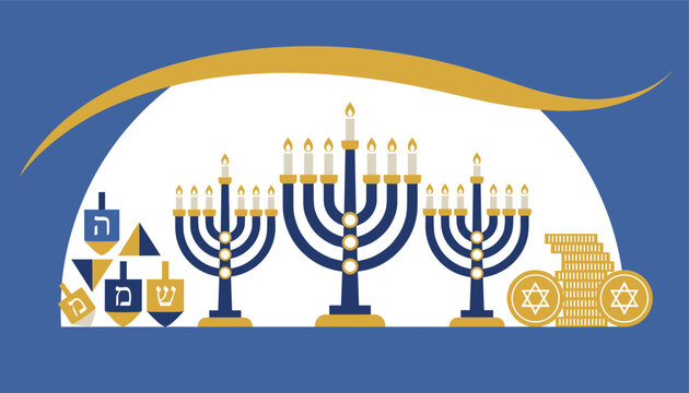 Hanukkah celebration scene with blue menorahs, lit candles, wooden dreidels, and gold coins on a festive background.