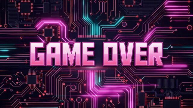 Game Over Screen Text Loop on Cyberpunk Circuit Board and Motherboard Background