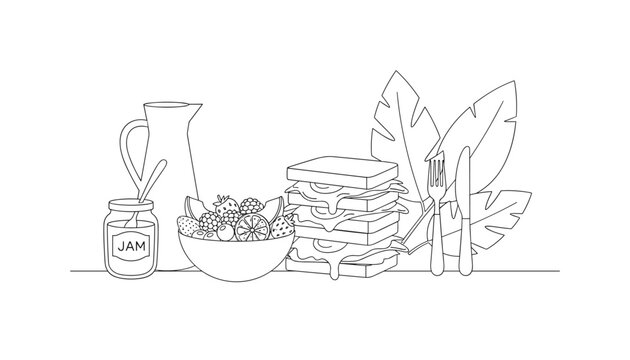 Charming morning breakfast spread includes stack of sandwiches jar of jam bowl of fresh fruit and pitcher of juice in clean line art style.