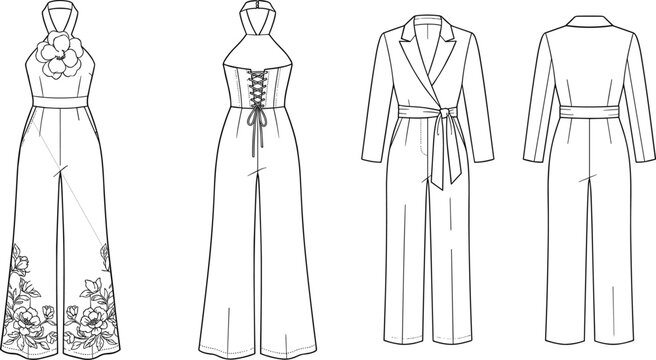 Women fashion jumpsuits with lace up back halter neck and wrap blazer design technical sketch vector illustrations isolated on white background