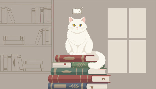 Elegant white cat sits regally atop stack of old books in library setting with bookshelves and window in soft muted color palette illustration.