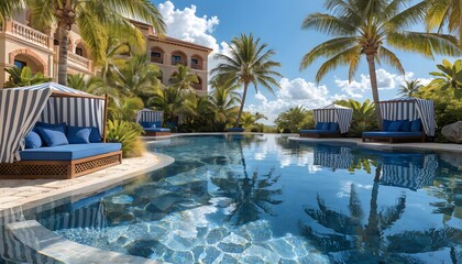 Obraz premium Tropical resort infinity pool reflecting palm trees and luxury architecture under clear blue sky