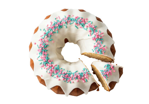 Bundt cake with white icing and colorful sprinkles isolated on transparent background