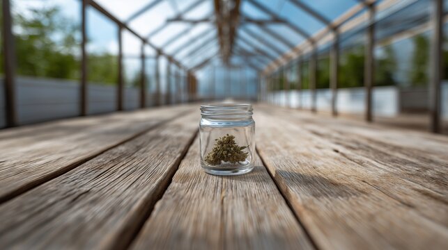 Cannabis bud in a glass jar, placed on a wooden floor, representing natural growth and processing inside a greenhouse