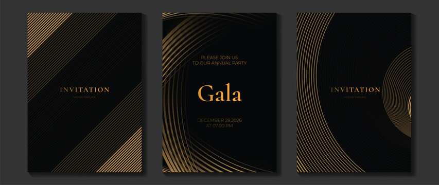 Luxury invitation vector set. Black and gold abstract line card templates for gala party, wedding invite, corporate event poster and premium cover design.