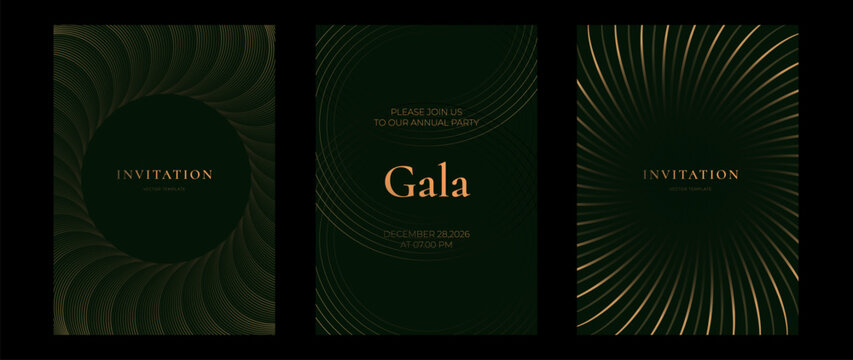 Luxury invitation vector set. Black and gold abstract line card templates for gala party, wedding invite, corporate event poster and premium cover design.