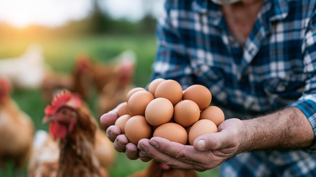 Aged Caucasian farmer holds fresh brown eggs in hands, surrounded by free-range chickens in a green meadow during soft natural daylight