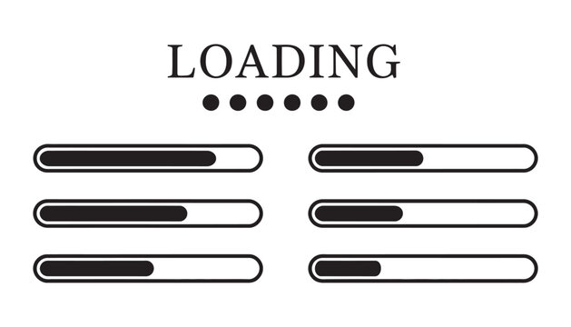 Loading bars icons set, black progress indicators with text labels collection, web ui loading status symbols, vector design