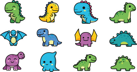 Obraz premium Cute Dinosaur Cartoon Character Collection Vector Set Isolated on White Background