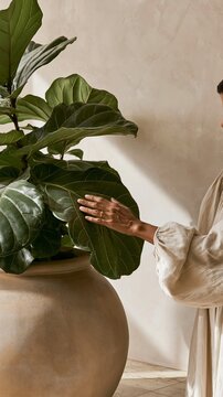 Woman gently touching large green leaves of a fiddle leaf fig plant in a minimalist living room with neutral tones and natural light