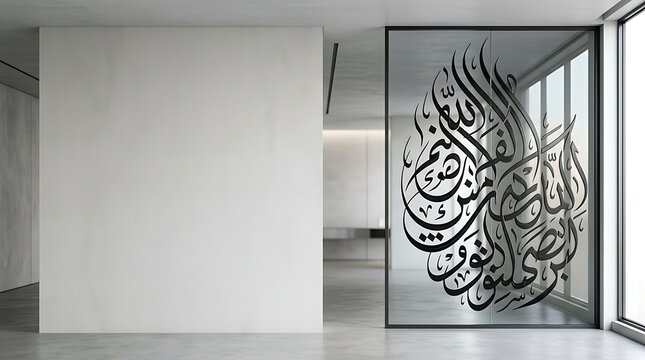 Minimalist white interior with arabic calligraphy on glass partition