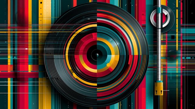 cubistic vinyl record wallpaper in 70s retro style.
