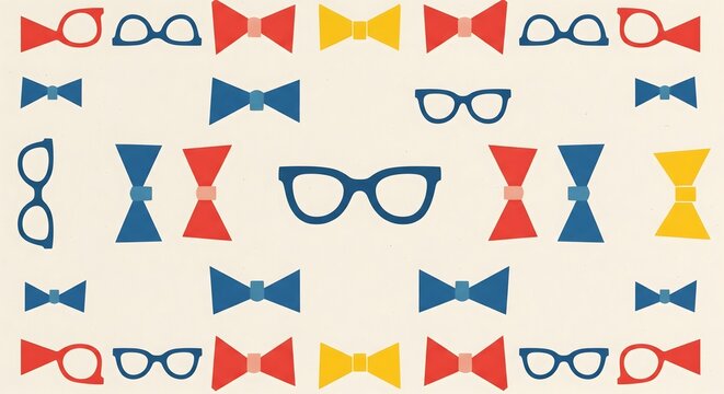 Colorful bow ties and eyeglasses pattern on a cream background