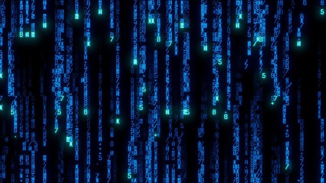 Dynamic Grid of Code Cascading Downwards. Neon Blue Cybersecurity Background. Seamless Loop.