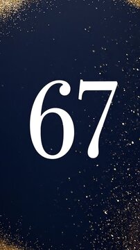 Gold Glitter Blow‑Away Reveal of Number 67 on Solid Background