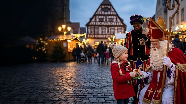 Little girl receiving a gift from saint nicholas at a christmas market