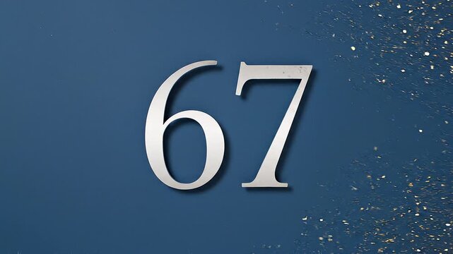 Gold Glitter Blow‑Away Reveal of Number 67 on Solid Background