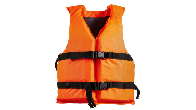 Orange life vest with black straps and buckles