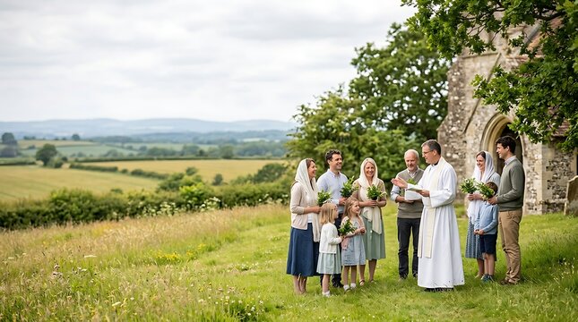 Family and priest gathered for a ceremony outside a rural church