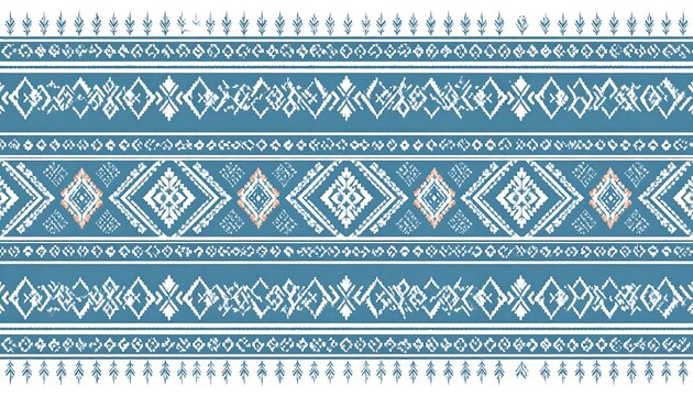 Ornamental, detailed, repeating pattern in blue and white. Symmetrical, with diamonds and stylized floral elements