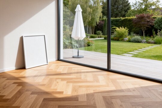Modern Home Interior with Garden View and Wooden Floor