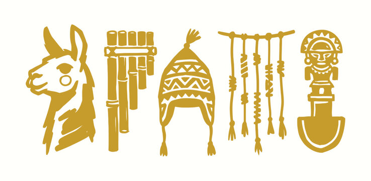 Peruvian cultural symbols and Andean heritage icons in golden hand drawn vector style