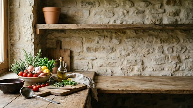 Fresh vegetables and herbs in a rustic stone kitchen setting