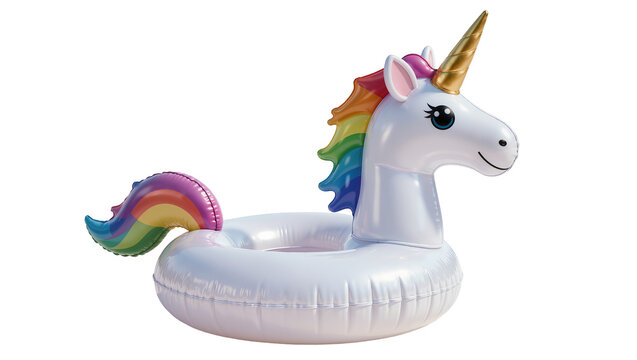 Inflatable white unicorn pool float with rainbow mane and tail