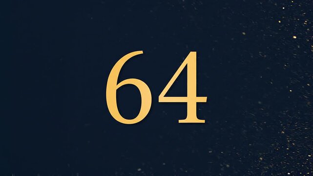 Gold Glitter Blow‑Away Reveal of Number 64 on Solid Background
