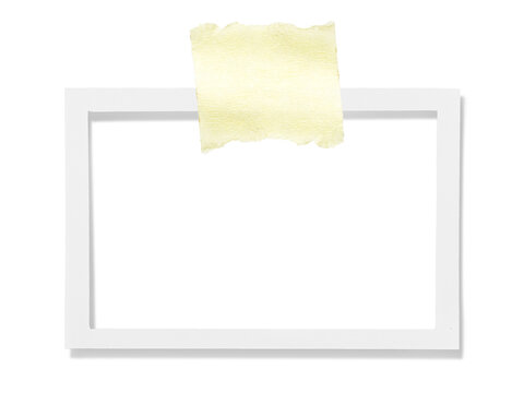 Vintage photo frame card with textured paper and adhesive yellow tape, isolated on transparent PNG background