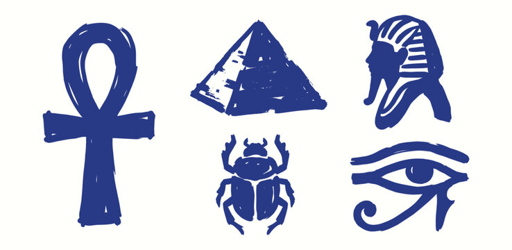 Hand drawn blue Egyptian symbols set for cultural heritage branding