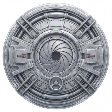 Detailed futuristic metallic sci-fi vault door or spaceship bulkhead featuring a central iris aperture mechanism, robust panels, pipes, and glowing indicators. Industrial design, isolated on white.