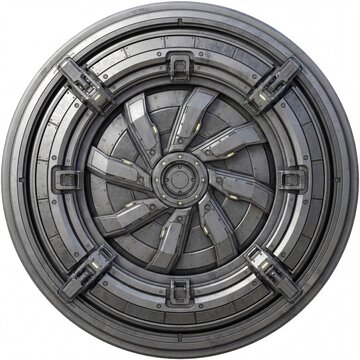 Detailed 3D render of a futuristic sci-fi circular metal hatch door or vault, featuring intricate panels, rivets, and glowing lights on white. Generative AI.
