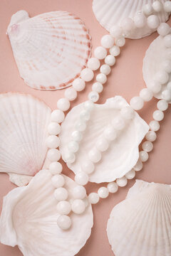 White agate gemstone beads necklace layered on natural sea shells.