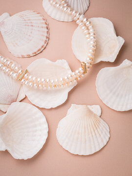 Elegant double strand pearl necklace on seashells