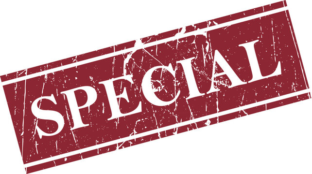 Distressed rubber stamp reads 'special' in red ink on white background promotional graphic