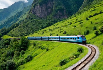 Naklejka premium Blue Passenger Train Crossing an Arch Bridge in Lush Green Mountains