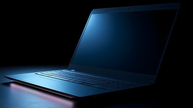 A modern laptop is featured with dynamic blue backlighting creating a futuristic and high tech atmosphere